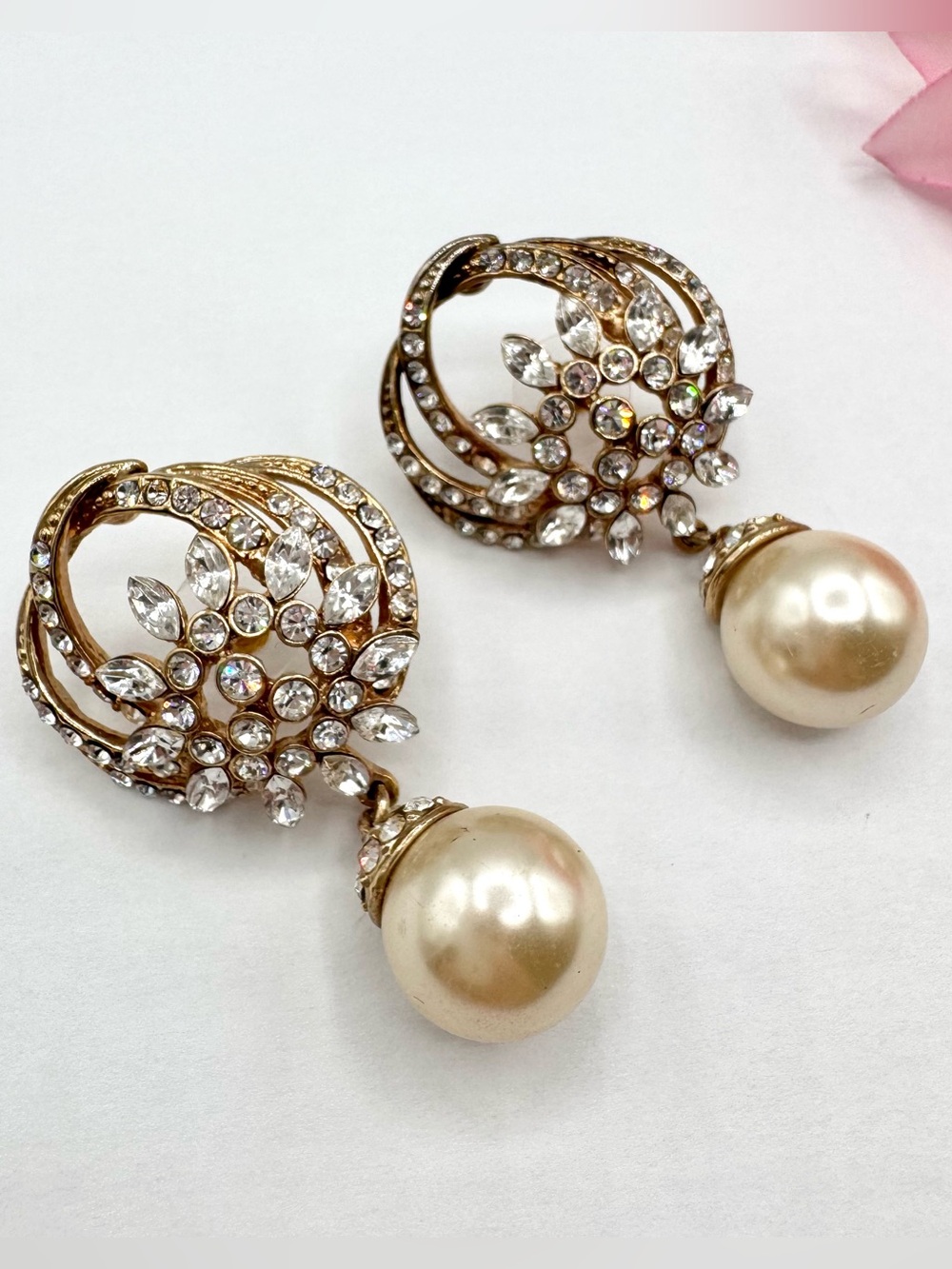 Big Vintage Crystal Rhinestone Cage Faux Pearl Drop Earrings Statement Gala Glam